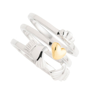 Galway Rhodium Plated 925 Sterling Silver Three Part Claddagh Silver & Gold Ring