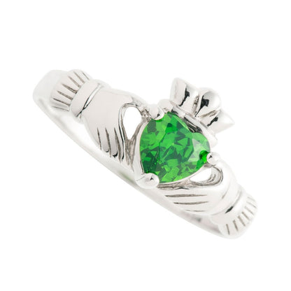 Galway Green Crystal Claddagh Ring - Rhodium Plated 925 Sterling Silver
