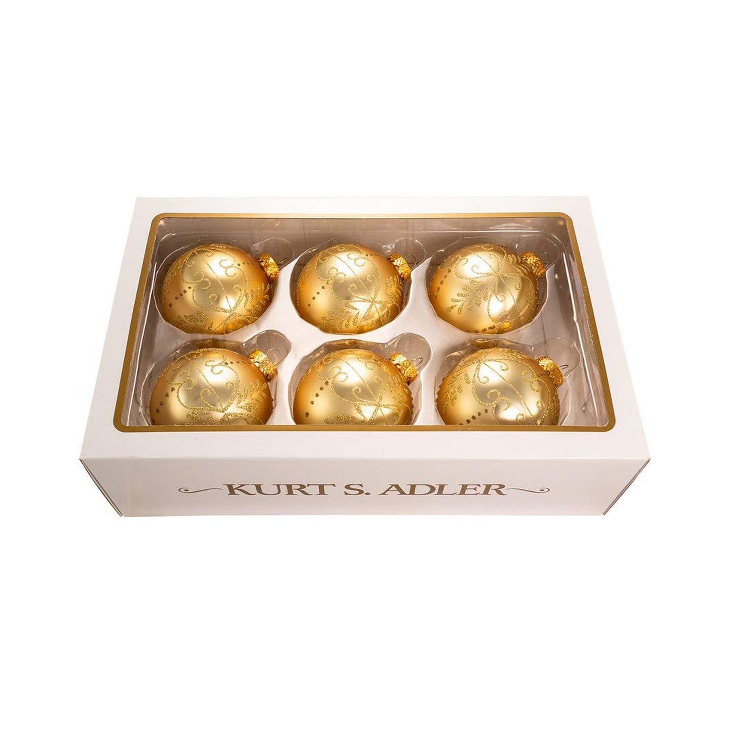 Kurt Adler 80Mm Gold With Gold Pattern Glass 6 Ball Ornaments