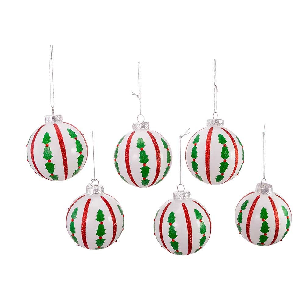 Kurt Adler 80MM Red, Green and White Holly Leaf Glass Ball Ornaments, 6 Pieces