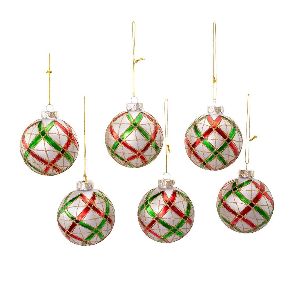 Kurt Adler 80MM Plaid Glass Ball Ornaments, 6-Piece Box Set, Red
