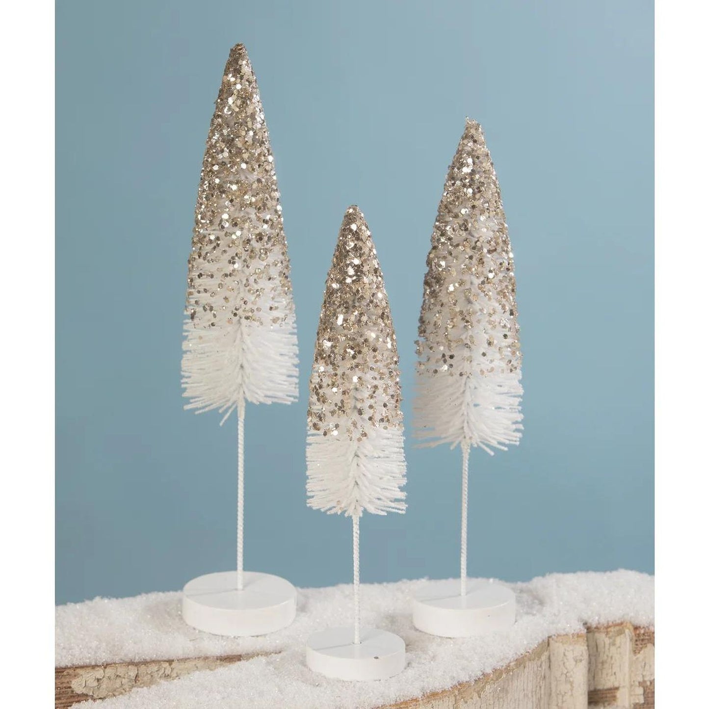 Bethany Platinum & Ivory`s Platinum Glitter Flocked Bottle Brush Trees, Set Of 3