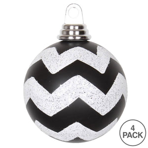 Vickerman 4" Black And White Matte Chevron Ball Christmas Ornament, 4 Per Box