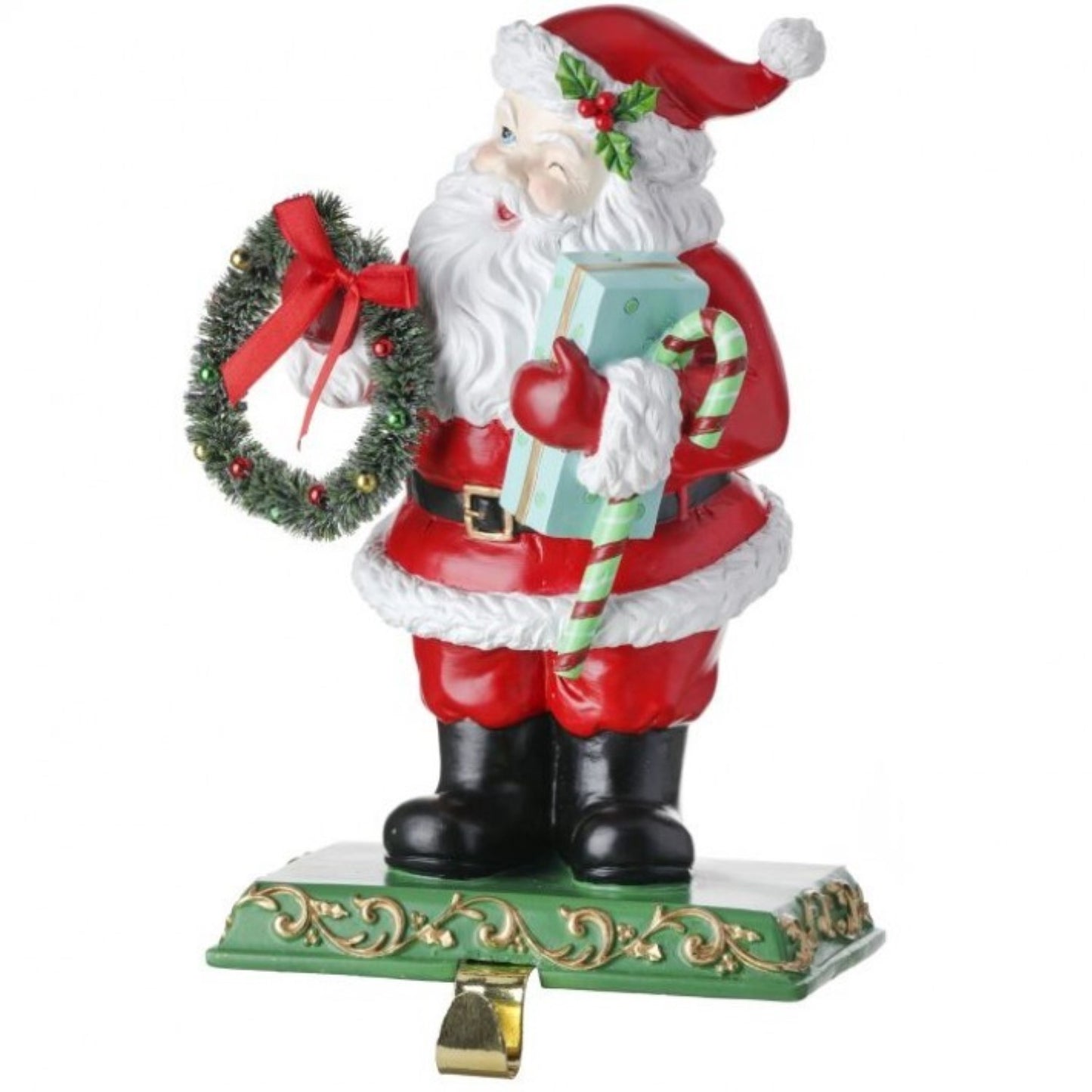 Regency International 11.2" Resin Santa with Wreath & Gift Stocking Holder