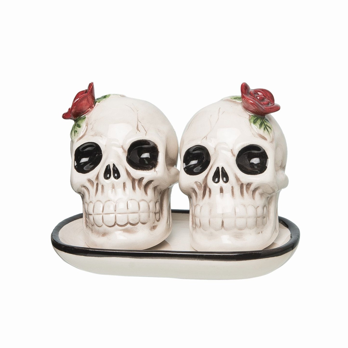 Transpac Ceramic Flower Skull Salt & Pepper Shakers With Tray, Set Of 3