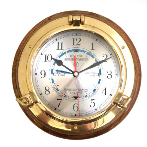 Lacquered Brass Porthole Tide & Time Quartz Clock On Oak