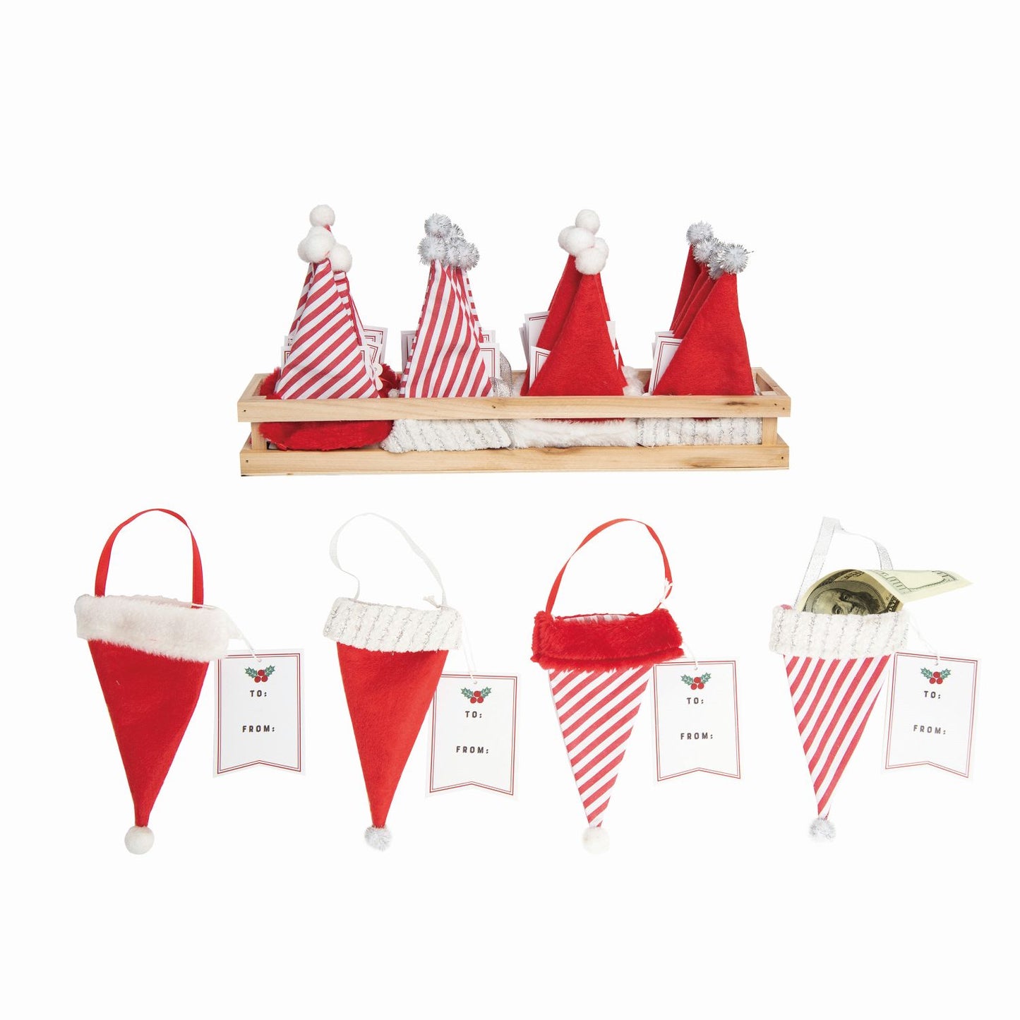 Fabric Hanging Santa Hat Ornament With Gift Tag In Wood Crate, Set Of 24