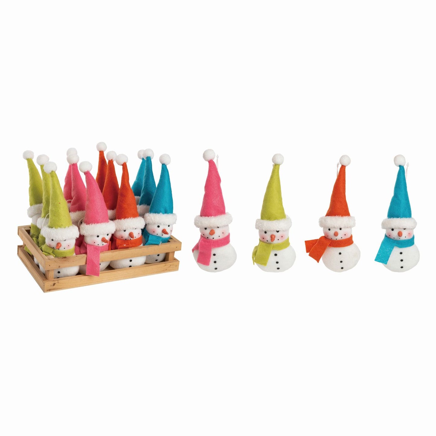 Transpac Fabric Colorful Snowman Ornaments In Display, Set Of 12