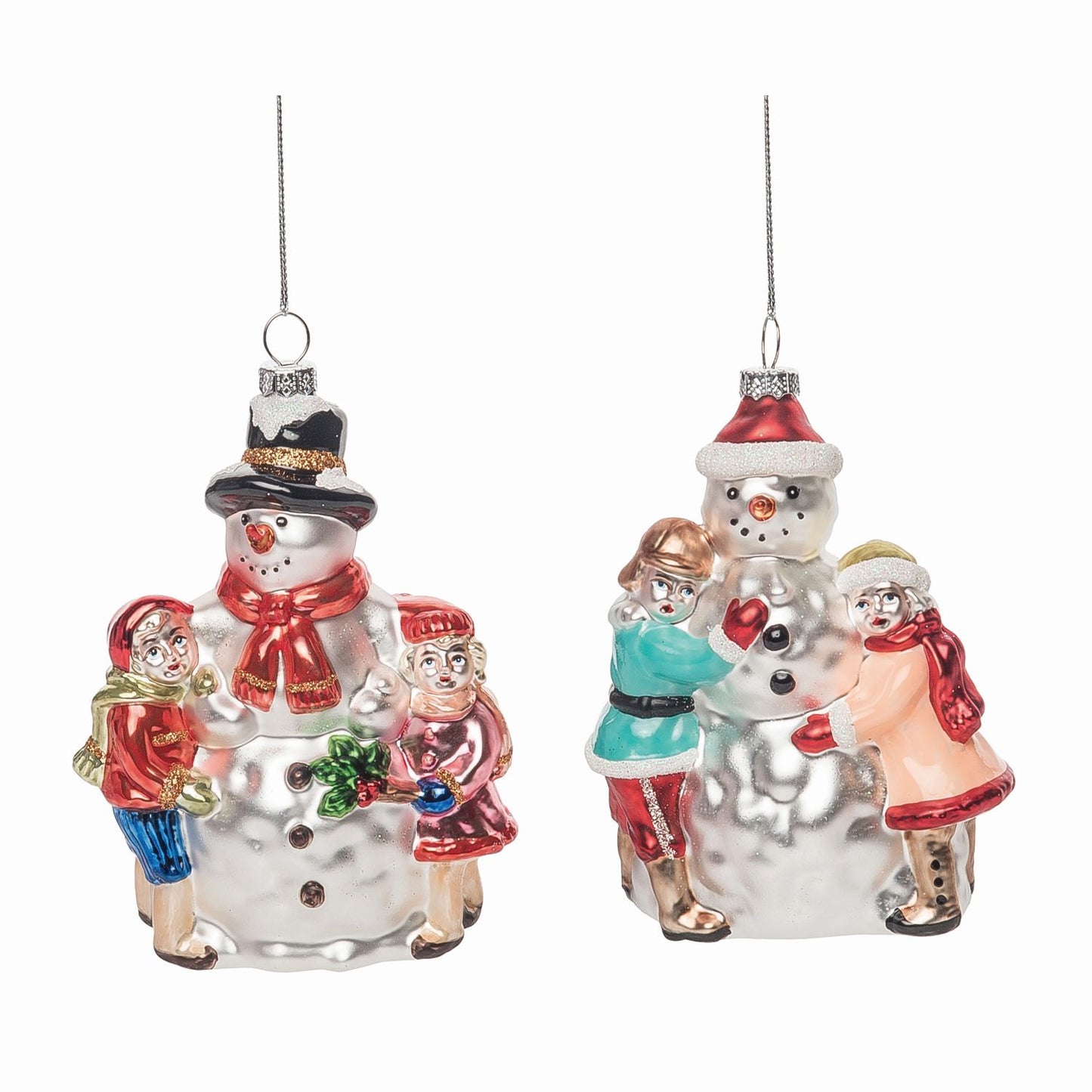 Transpac Glass Vintage Snowman With Kids Ornament, Set Of 2, Assortment