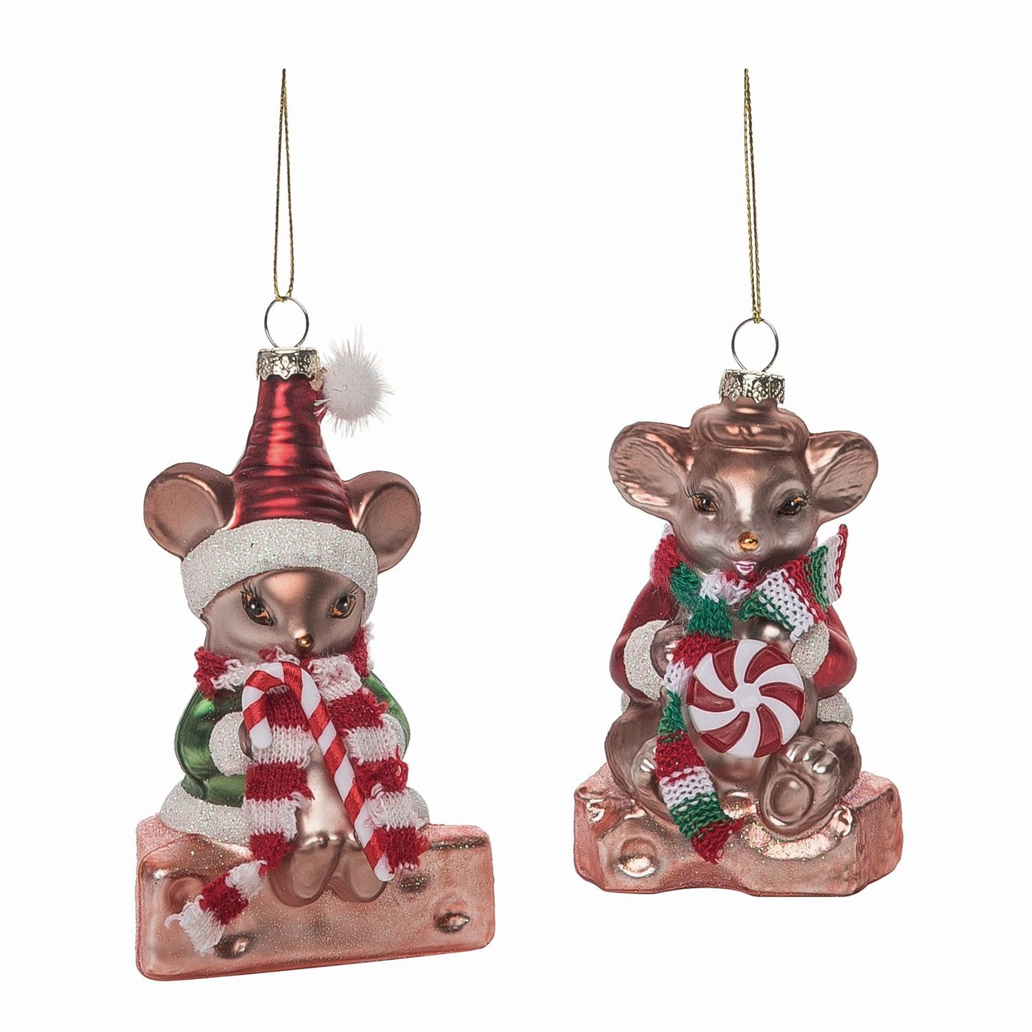 Transpac Glass Vintage Holiday Mouse Ornament, Set Of 2, Assortment