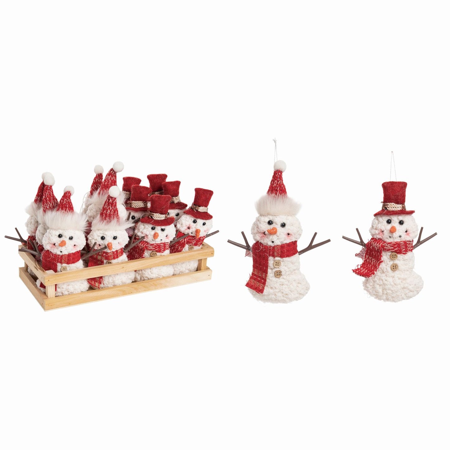 Transpac Plush Red/White Snowman Ornament In Wood Display, Set Of 12