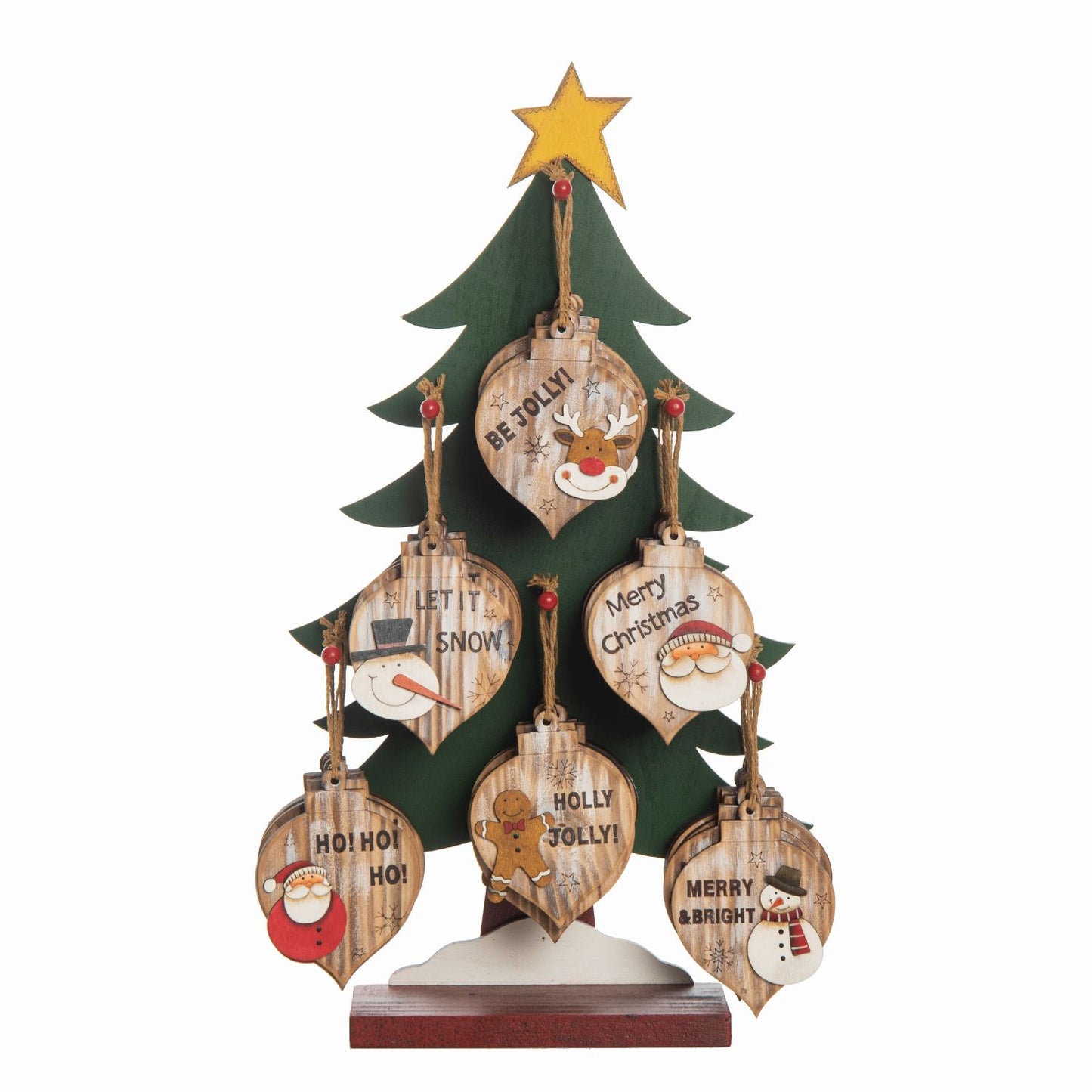 Transpac Plywood Rustic Christmas Ornaments With Tree Display, Set Of 36