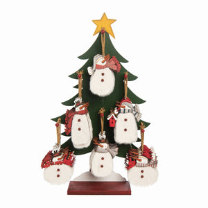 Transpac Plywood Fuzzy Snowman Ornaments With Tree Display, Set Of 48