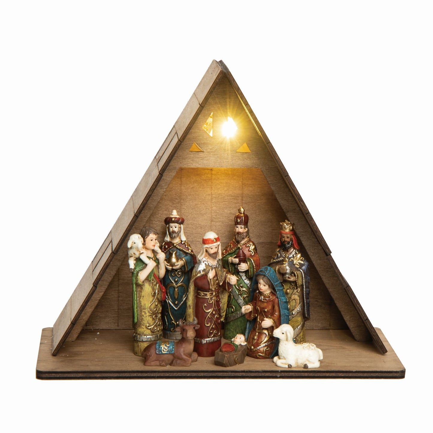 Transpac Resin/Wood Light Up Traditional Nativity & Manger, Set Of 9