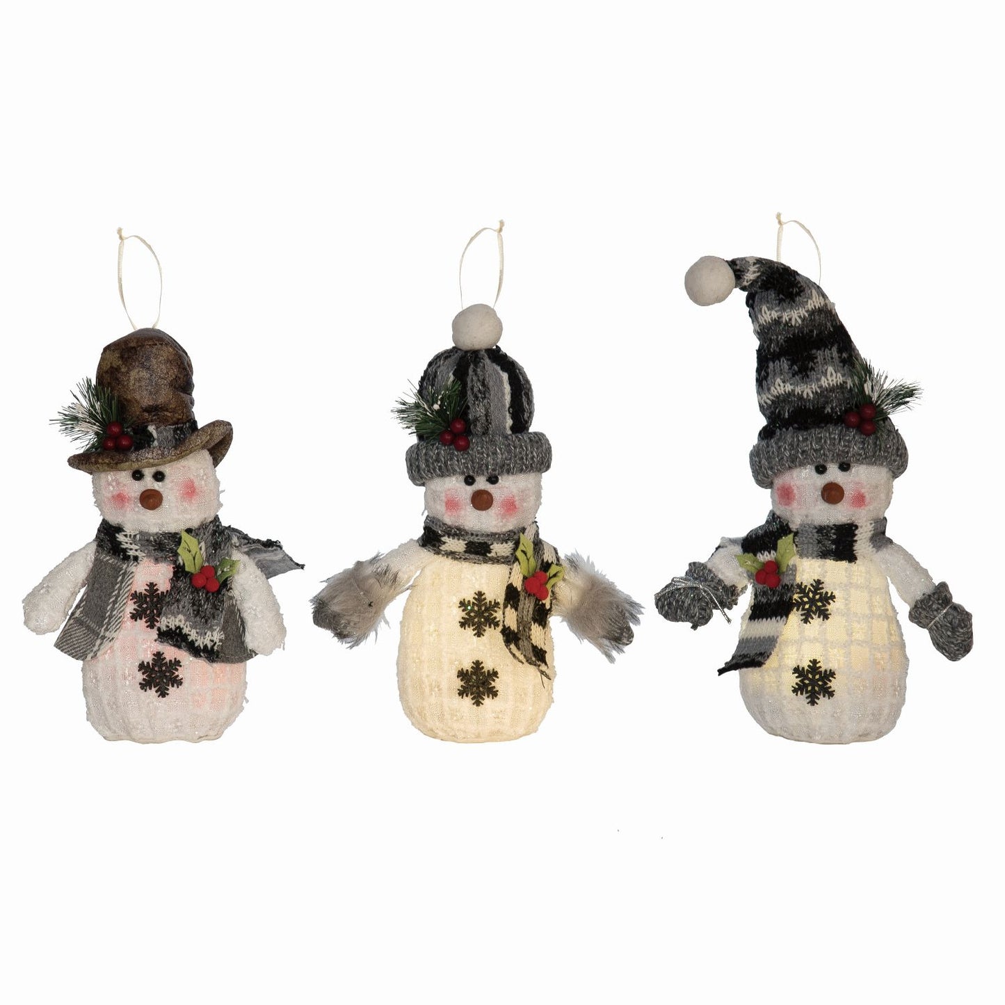 Transpac Plush Light Up Rustic Snowman Ornament, Set Of 3, Assortment
