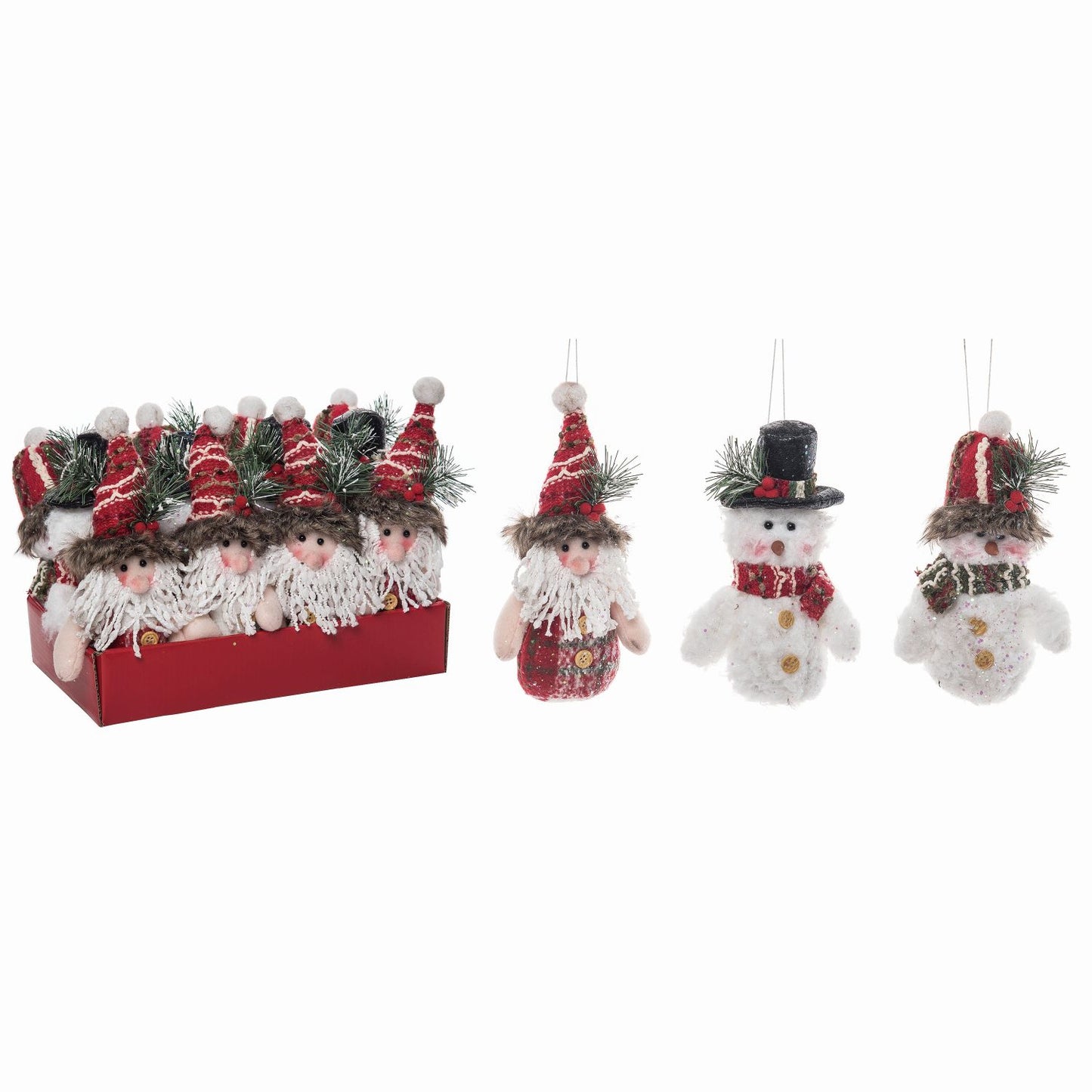 Transpac Plush Festive Santa/Snowman Ornament In Display, Set Of 12