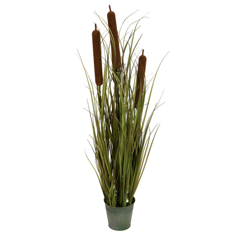 Vickerman 36" Artificial Potted Green Grass with Cattails in Iron Pot, PVC