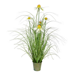 Vickerman 24" Artificial Potted Green Grass And Daisies