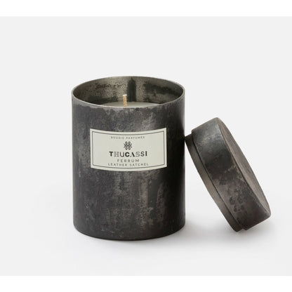 Thucassi Ferrum Candle, Leather Satchel Scent, Black Tin