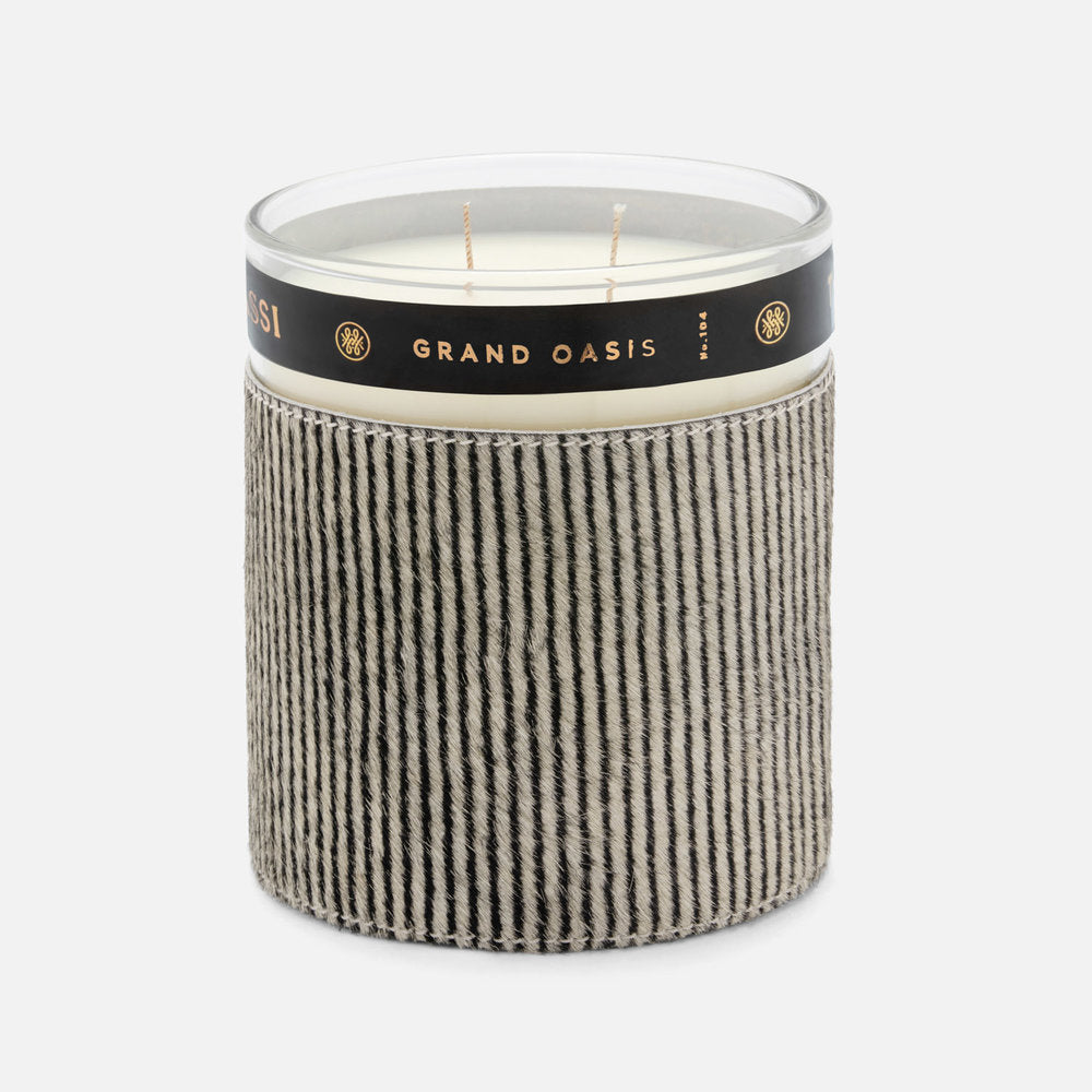 Thucassi Savanna Candle, Grand Oasis Scent, Brown Candy Striped Sleeve