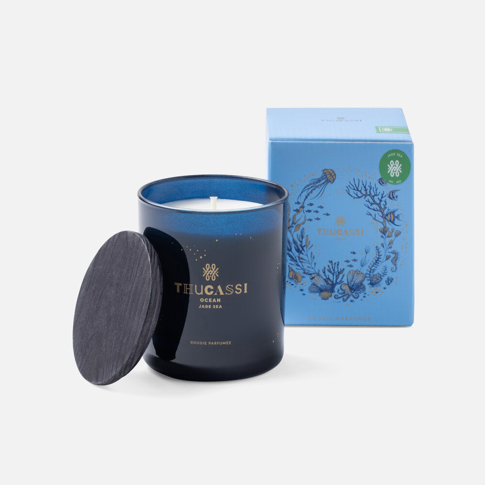 Thucassi Ocean Candle, Jade Sea Scent, Blue Glass