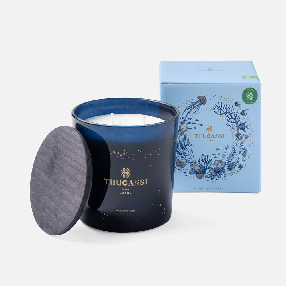 Thucassi Ocean Candle, Jade Sea Scent, Blue Glass