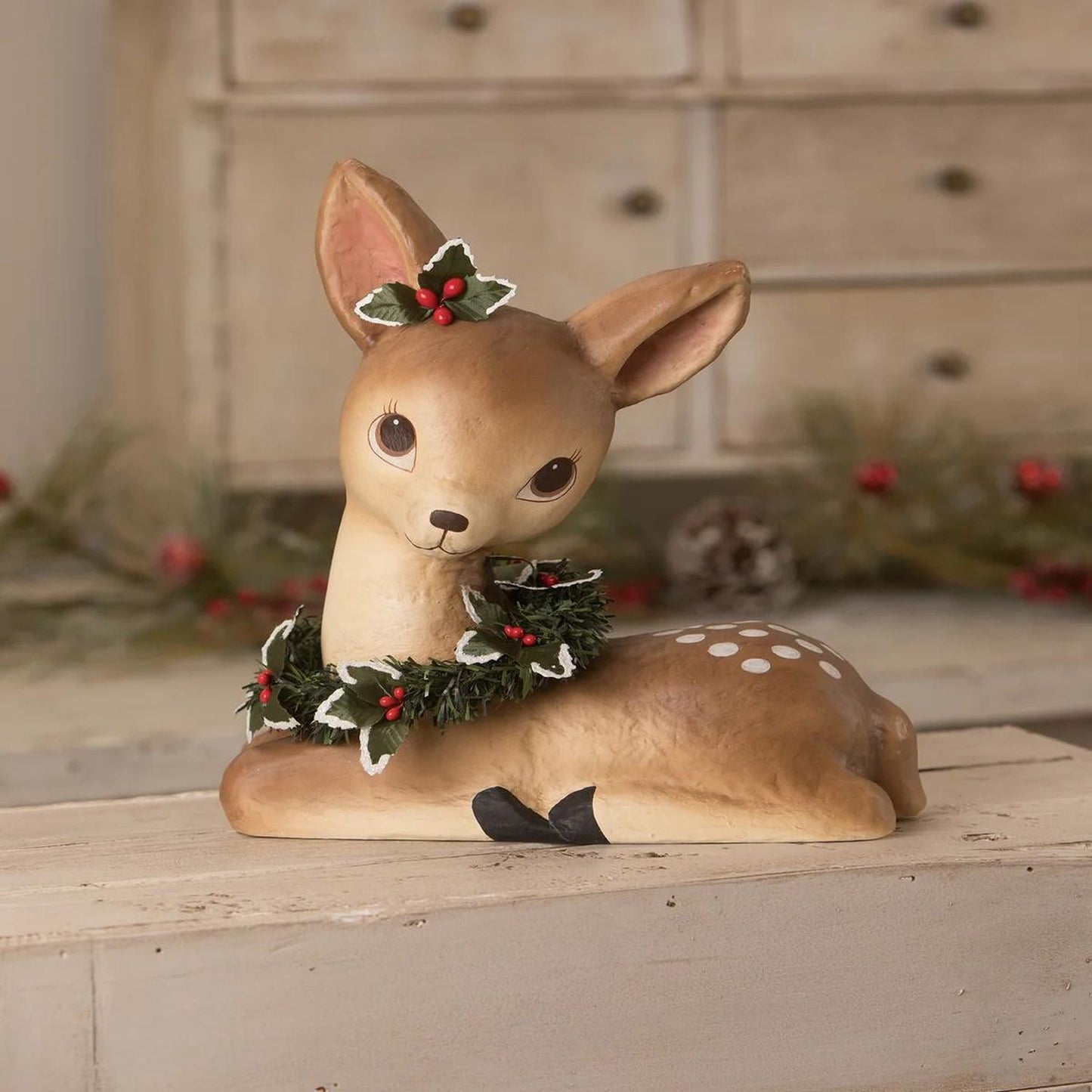 Bethany Lowe Sweet Fawn With Wreath Paper Mache