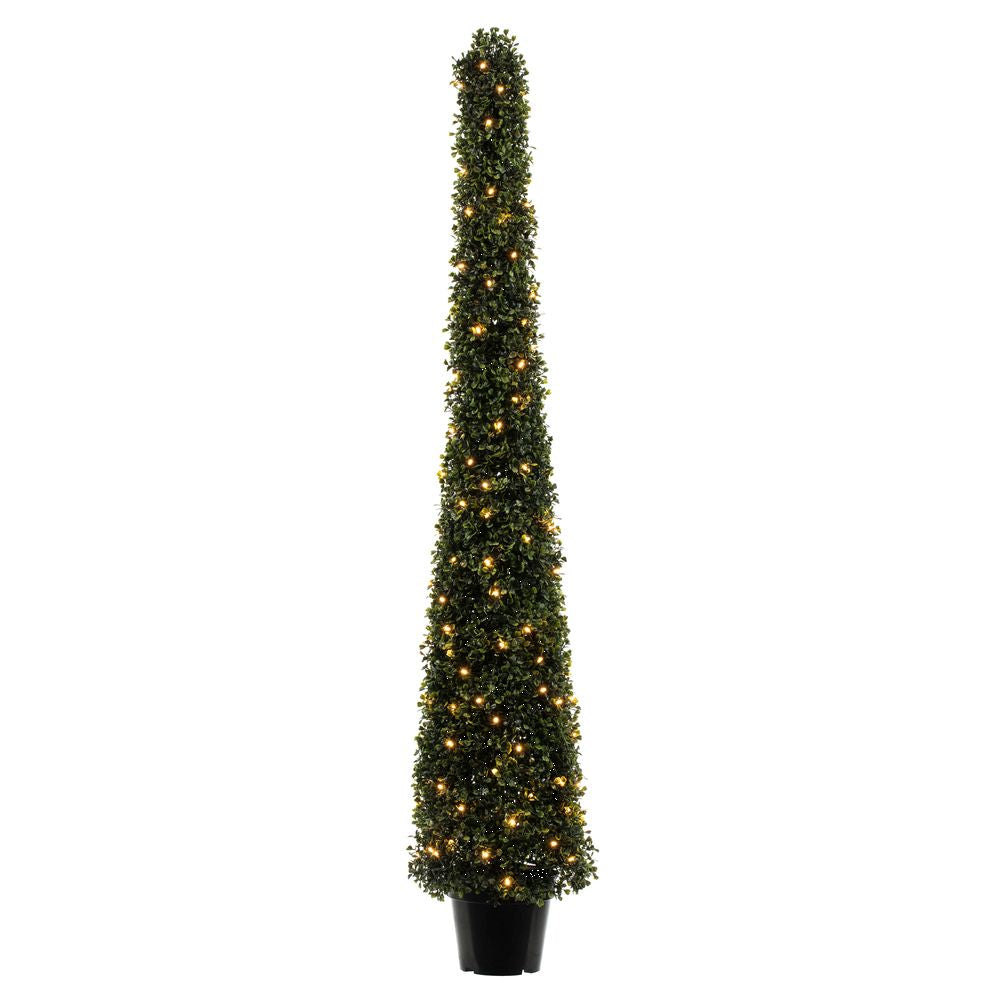 Vickerman 5' Potted Artificial Boxwood Cone with 150 Warm White LED Lghts, PE