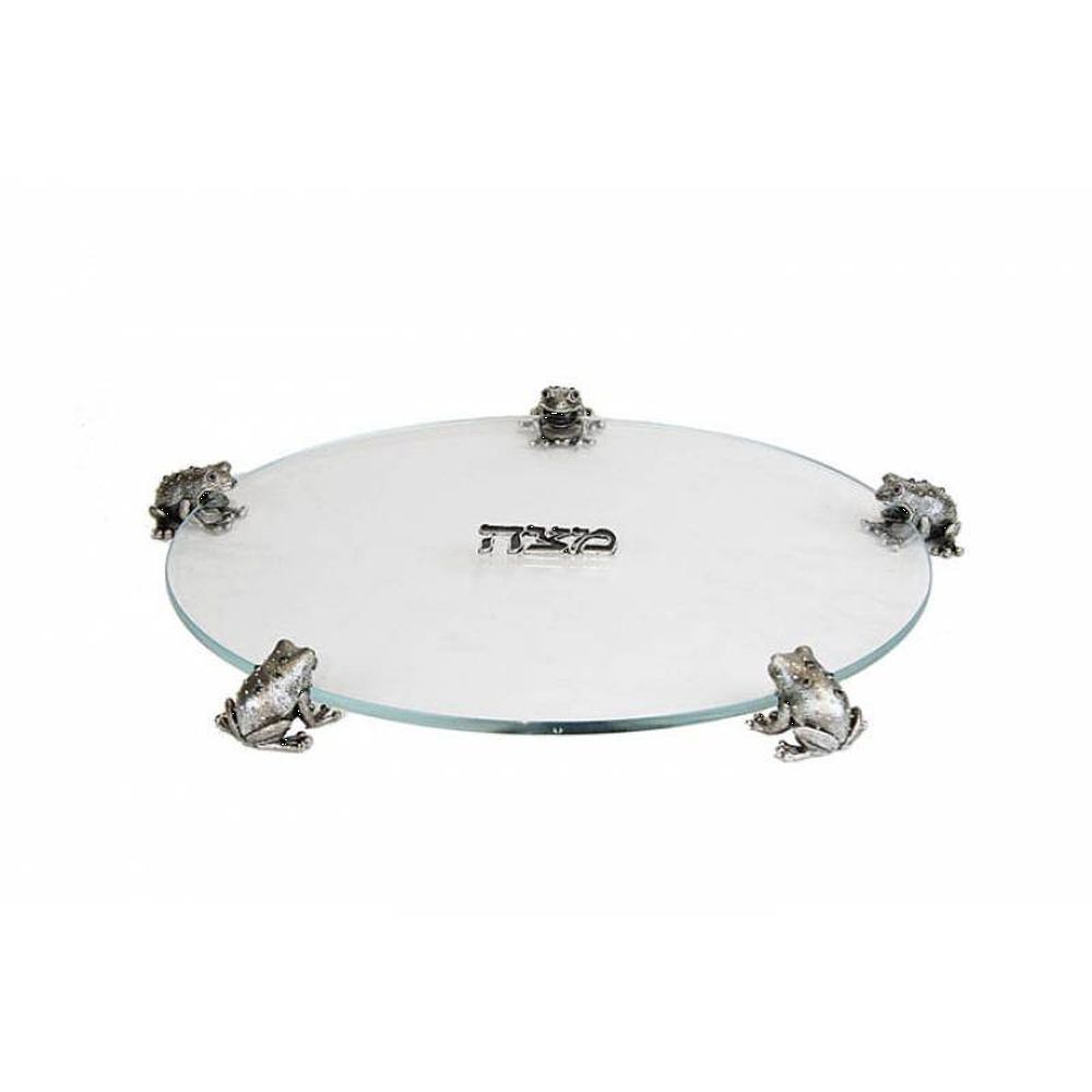 Quest Collection FIve Frogs Round Glass Matzah Tray