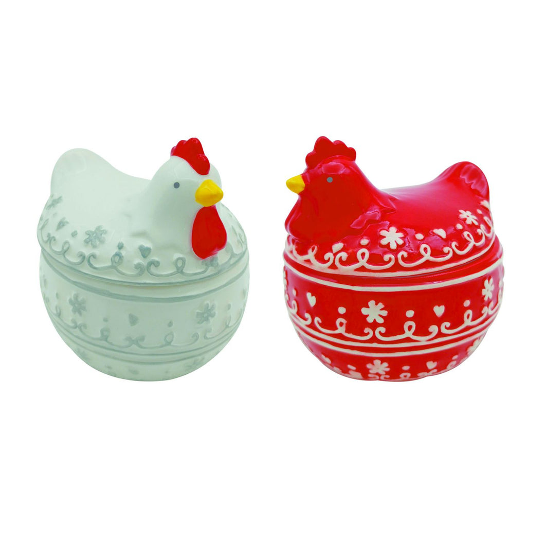 Ceramic Patterned Chicken Container With Lid, Set Of 2, Assortment