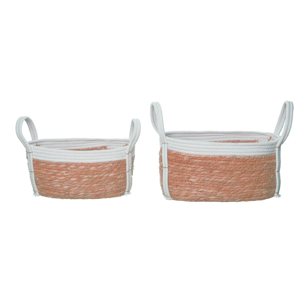 Transpac Grass Braided Nesting Baskets With White Accent, Set Of 2