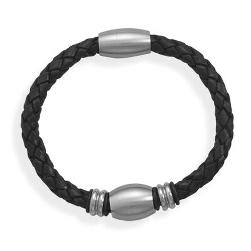 MMA 8" Black Leather Bracelet with 3 Stainless Steel Beads