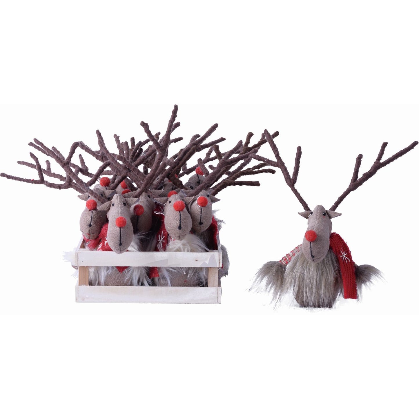 Transpac Plush Reindeer Ornament In Wood Tray, Set Of 12