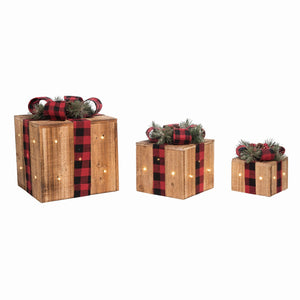 Transpac Wood Light Up Gift Boxes With Bow, Set Of 3