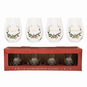 Transpac Glass 18Oz Stemless Wine Glasses, Love/Joy/Peace/Merry, Set Of 4