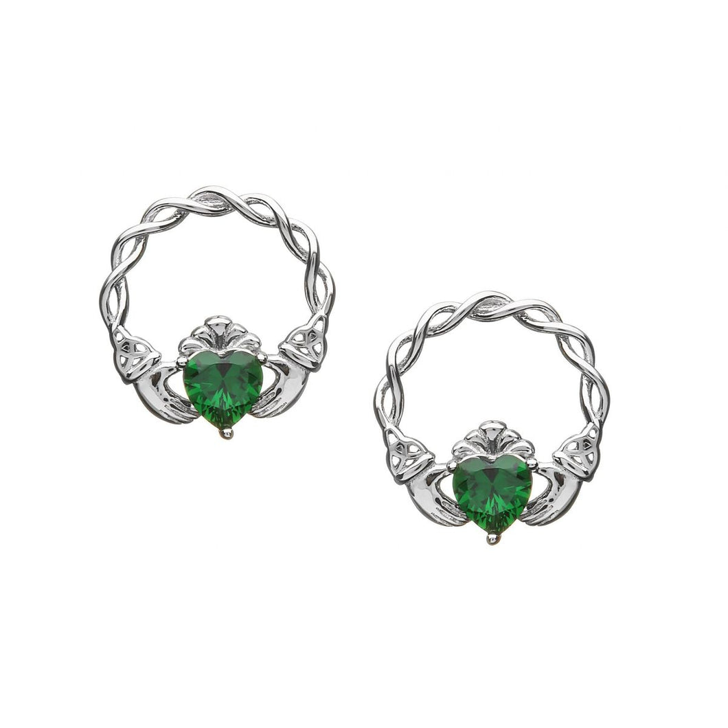 Boru Green Stone Claddagh Stud Earrings, 925 Sterling Silver Jewelry