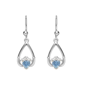 Boru Jewelry Sterling Silver March-Aquamarine Birthstone Claddagh CZ Earrings