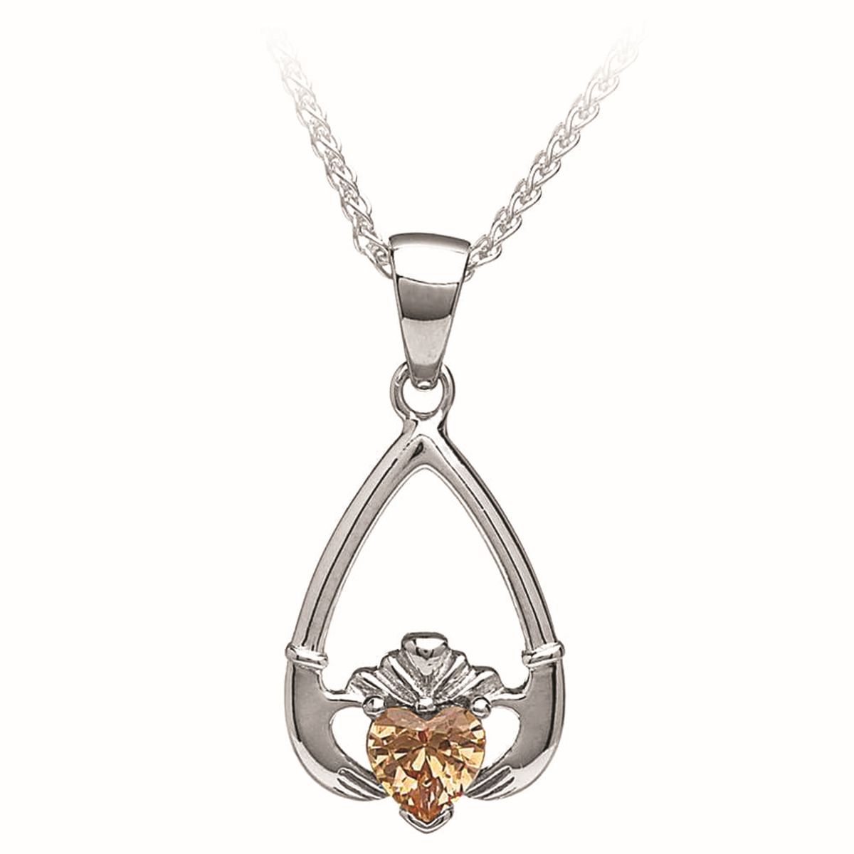 Boru Jewelry Sterling Silver November-Citrine Birthstone Claddagh CZ Pendant