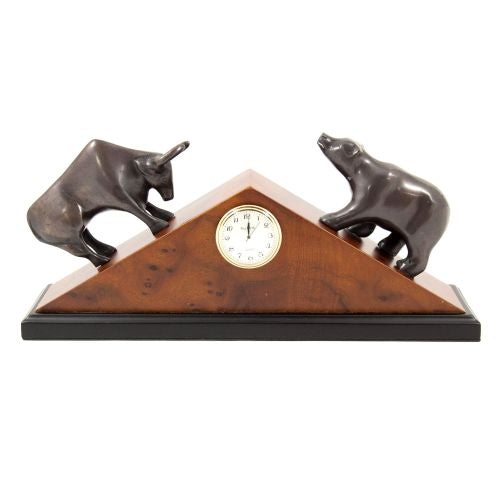 Brass Bull & Bear Quartz Clock On Burl Wood, Black Wood Base