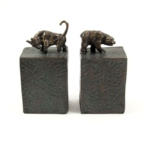 Bull & Bear Bookends, Metal Cast With A Patina Finish