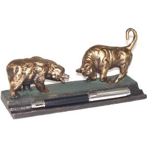Cast Metal Bull & Bear Double Pen Holder With Bronzed Finish
