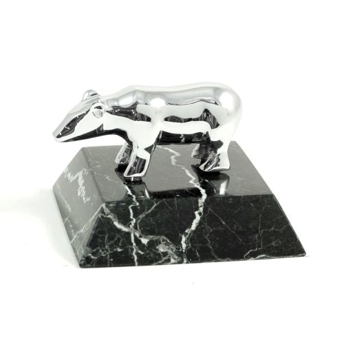 Chrome Plated Bear Paperweight On Black "Zebra" Marble Base