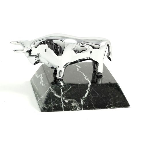 Chrome Plated Bull Paperweight On Black "Zebra" Marble Base