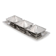Classic Touch 3 Square Bowl Relish Dish With Rectangle Tray, Stainless Steel, 5"