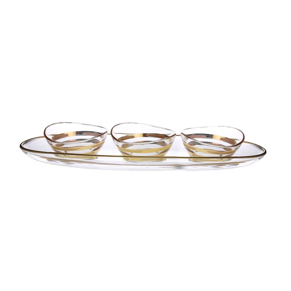 Classic Touch Decor 3 Bowl Relish Dish On Tray with 14K Gold Brick Design, 19.5"