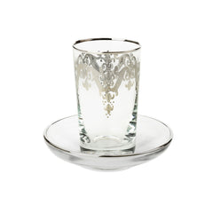 Classic Touch Decor 6 Set Cups And Tray With Silver Artwork, Glass
