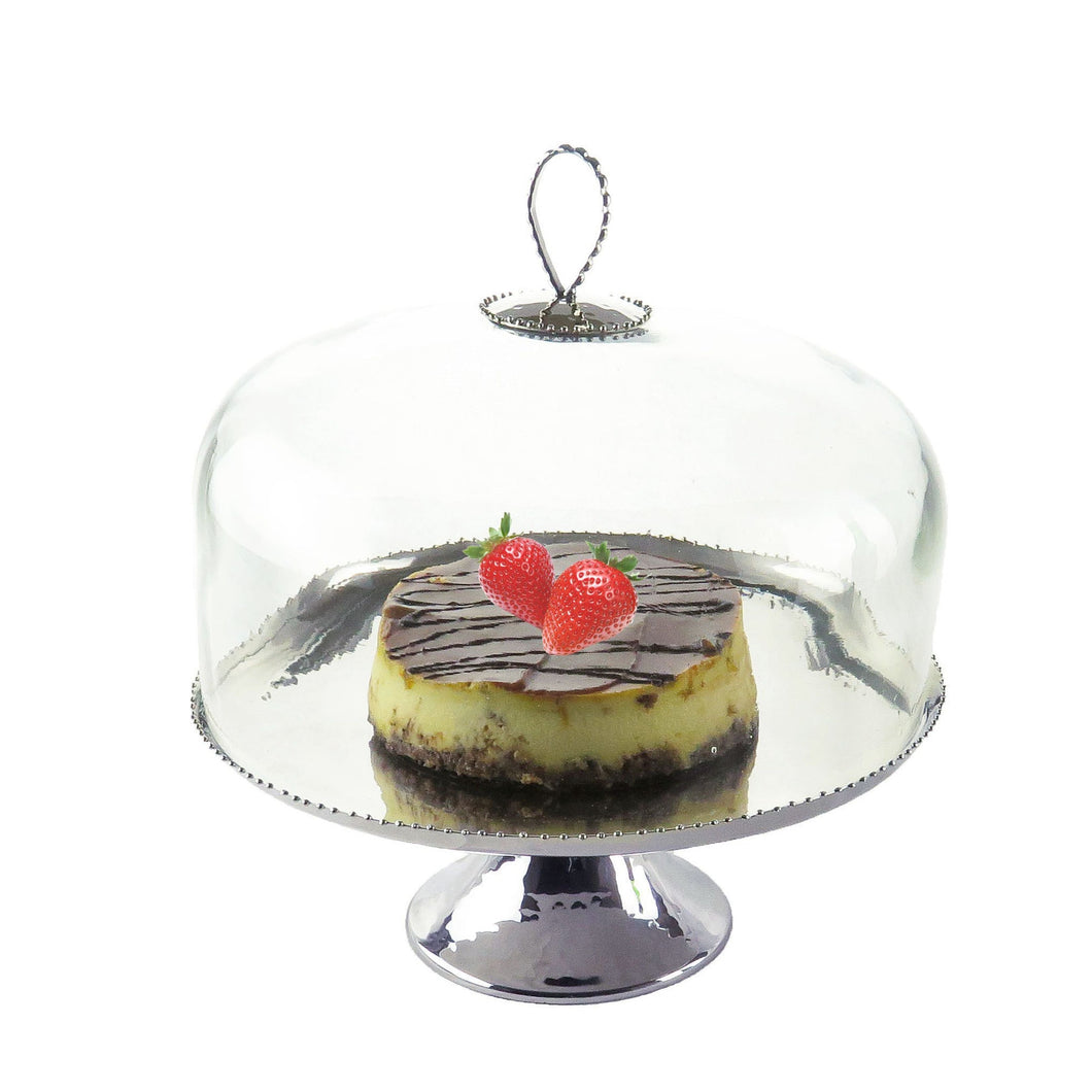 Classic Touch Decor Cake Dome And Base w/ Drop Beaded Design, Silver, Glass, 12