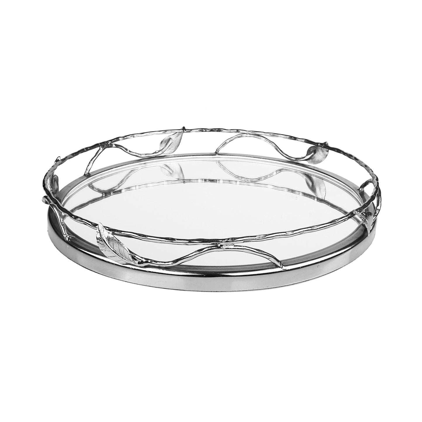 Classic Touch Decor Round Mirror Tray with Leaf Design