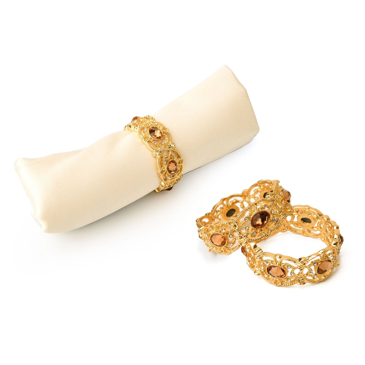 Classic Touch Decor Set Four Jeweled 24K Gold Napkin Rings, 2" x 2"
