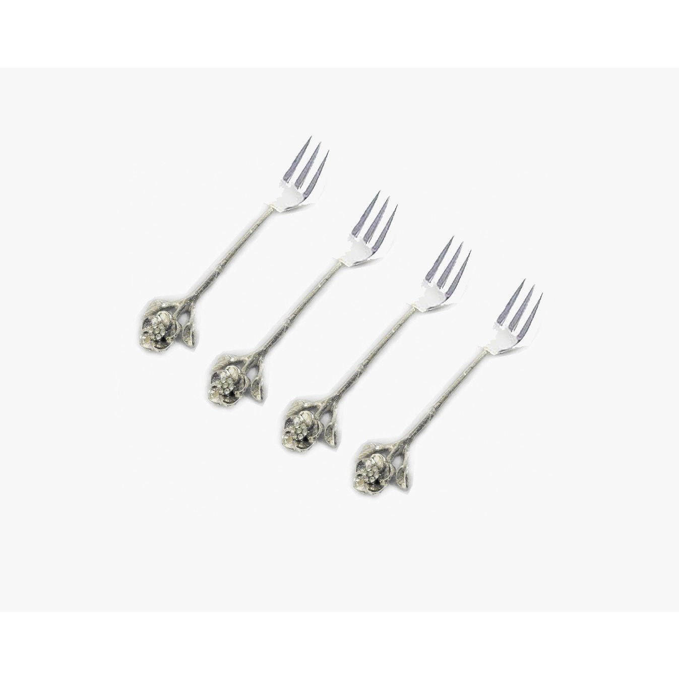 Classic Touch Decor Set Of 4 Silver Forks Jeweled Flower, Stainless Steel, 6"